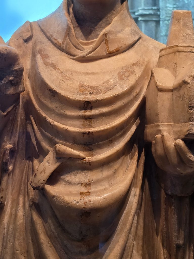 Detail of St Peter alabaster with paint/ gilt detail.